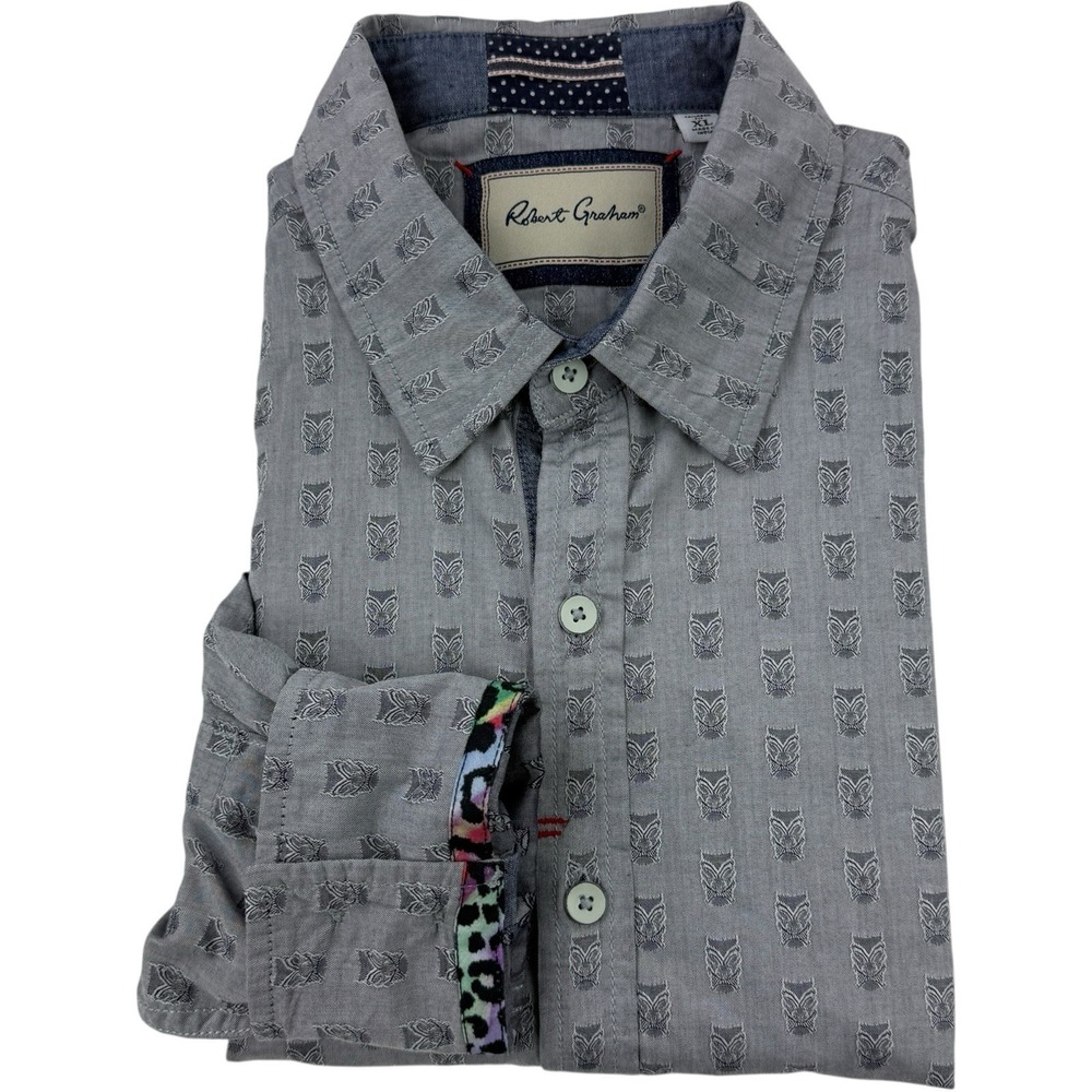 Robert Graham Gray Tiki Cotton Shirt Men's XL Tailored Fit Flip‎ Cuff Button Up